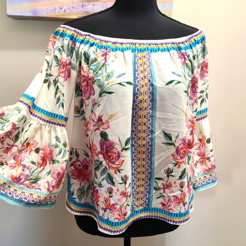 Floral Off-Shoulder Peasant Top - White with Multicolor Print